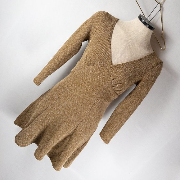 Free People Dresses & Skirts - Free People Keyhole Tweed Mini Dress XS Tan Mustard Casual V Neck Long Sleeve